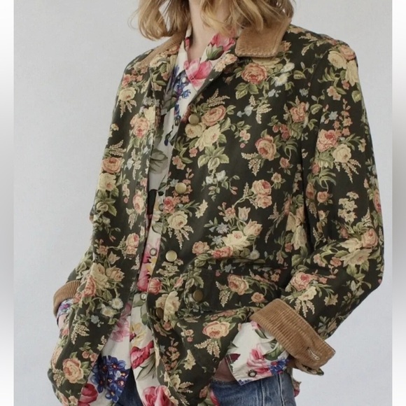 Vintage 90s Lauren Ralph Lauren Green Floral Jacket with Brown Corduroy Collar - Picture 11 of 11